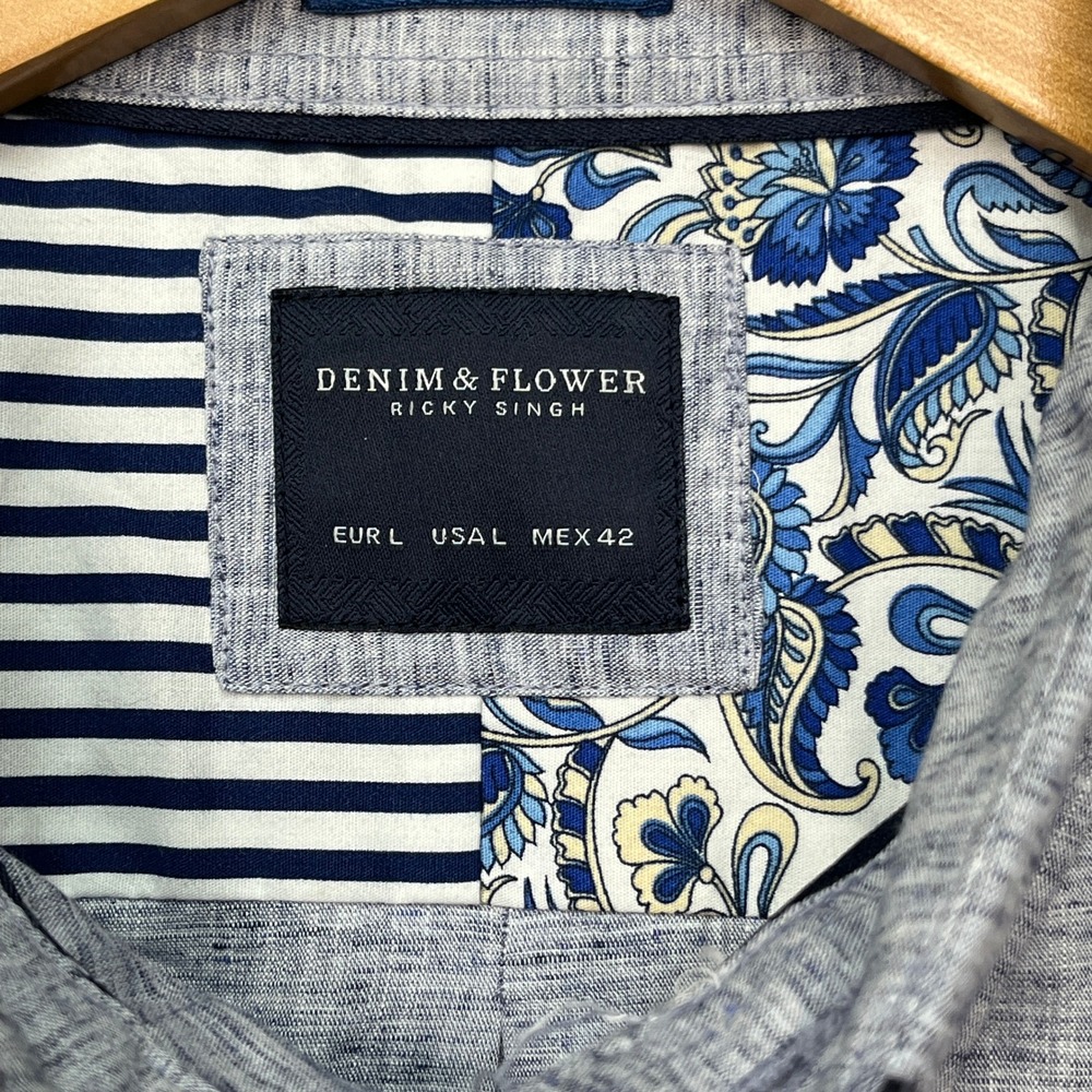 Denim & Flower Button Down Shirt Mens Large Blue Heathered Melange Flip Cuff NEW - Picture 3 of 12